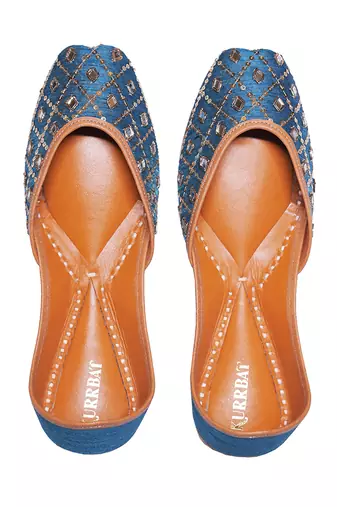 blue leather juttis with decorative thread and sequin work