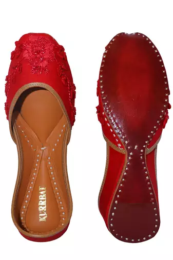 red ethnic leather juttis with floral embroidery work