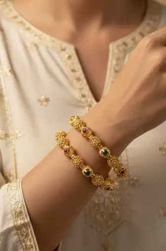  women set of 2 gold plated artificial stone bangle