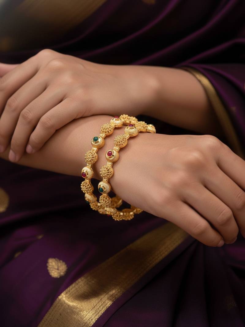  women set of 2 gold plated artificial stone bangle