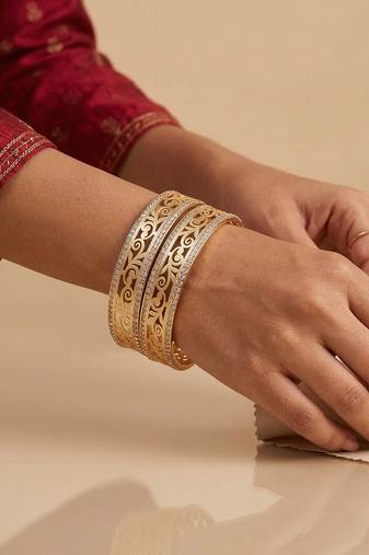  women set of 2 gold plated cz stone kada bangle