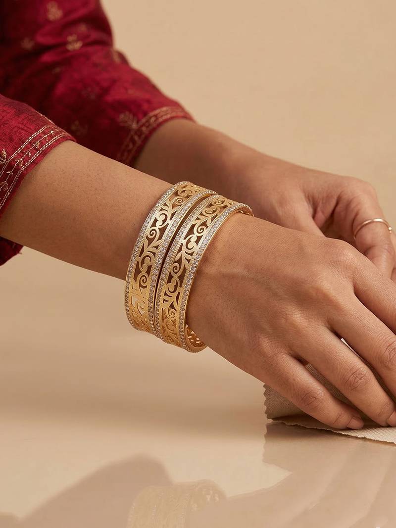  women set of 2 gold plated cz stone kada bangle