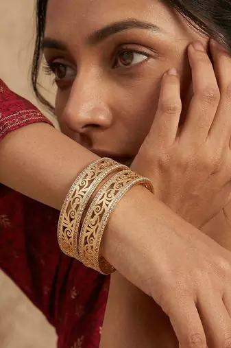  women set of 2 gold plated cz stone kada bangle