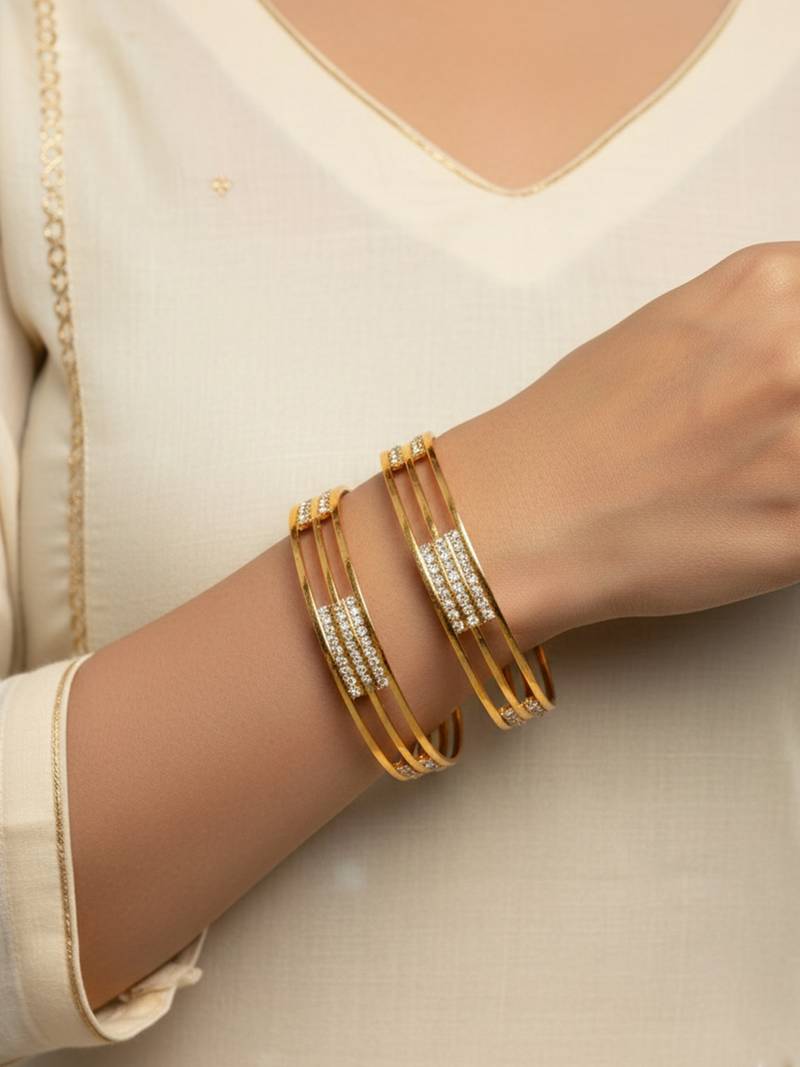  women set of 2 gold plated cz stone kada bangle