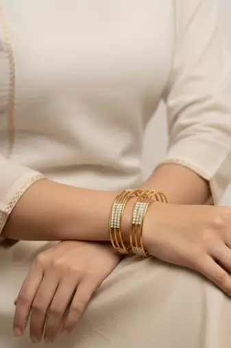  women set of 2 gold plated cz stone kada bangle