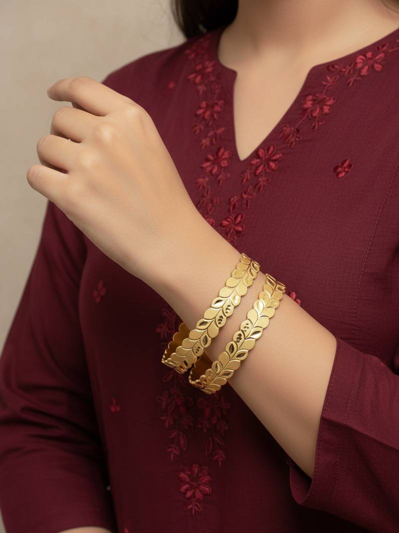  women set of 2 leaf design gold plated kada bangle