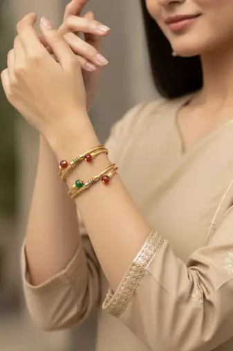  women set of 2 gold plated artificial beads bangle