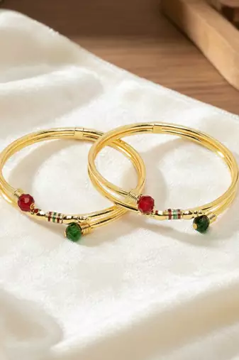  women set of 2 gold plated artificial beads bangle