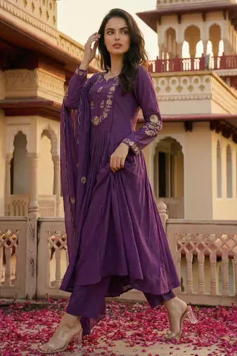 Purple chanderi silk sequin kurta pant set with embroidered organza dupatta