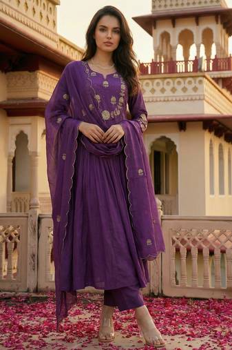 Purple chanderi silk sequin kurta pant set with embroidered organza dupatta