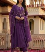 Purple chanderi silk sequin kurta pant set with embroidered organza dupatta