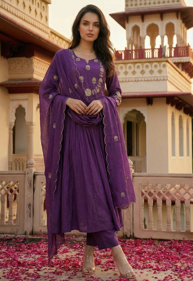 Purple chanderi silk sequin kurta pant set with embroidered organza dupatta