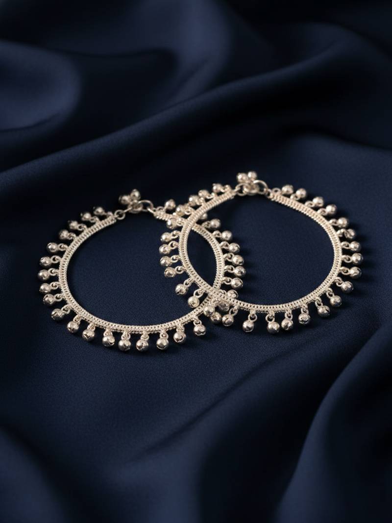  women set of 2 silver plated ghunguru beaded anklet