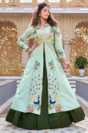 Light Green Color Embroidery Sequence Work with thred work Satin Silk Lahenga Choli Set