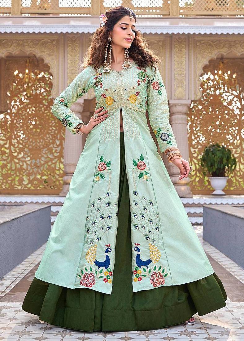 Light Green Color Embroidery Sequence Work with thred work Satin Silk Lahenga Choli Set
