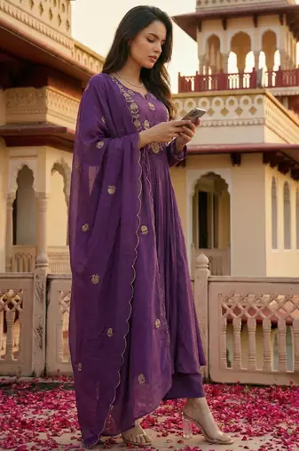 Purple chanderi silk sequin kurta pant set with embroidered organza dupatta