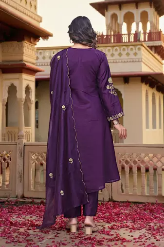 Purple chanderi silk sequin kurta pant set with embroidered organza dupatta