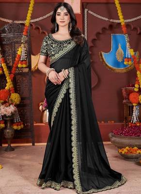 black heavy embroidered silk blend party wear saree 2