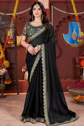 black heavy embroidered silk blend party wear saree
