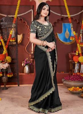 black heavy embroidered silk blend party wear saree 3