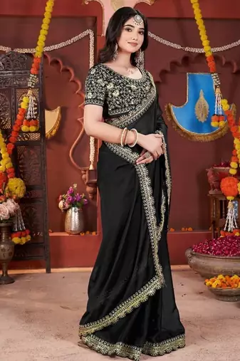 black heavy embroidered silk blend party wear saree