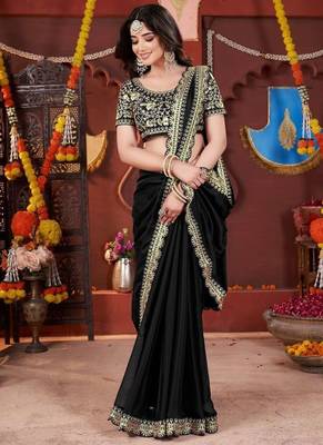 black heavy embroidered silk blend party wear saree 4
