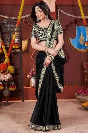 black heavy embroidered silk blend party wear saree