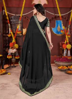 black heavy embroidered silk blend party wear saree 5
