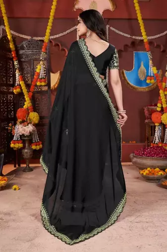 black heavy embroidered silk blend party wear saree