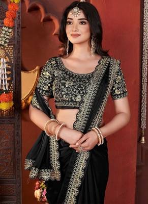black heavy embroidered silk blend party wear saree 1