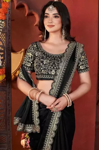 Designer black heavy embroidered silk blend party wear saree with blouse