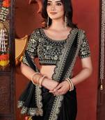 black heavy embroidered silk blend party wear saree