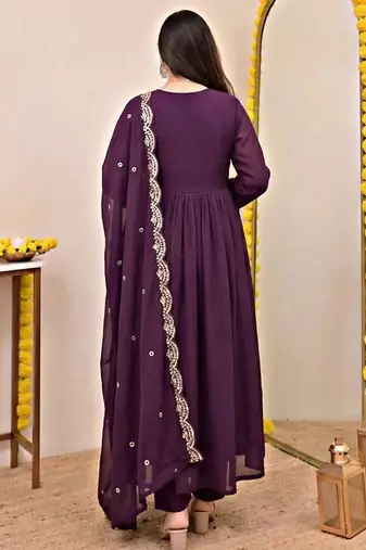 Purple chanderi silk sequin kurta pant set with embroidered chanderi dupatta