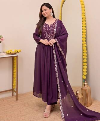 Purple chanderi silk sequin kurta pant set with embroidered chanderi dupatta 1