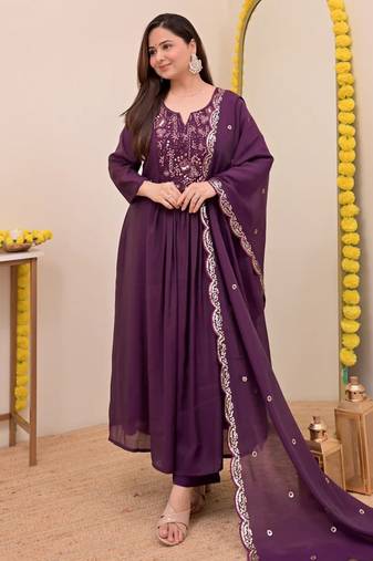 Purple chanderi silk sequin kurta pant set with embroidered chanderi dupatta