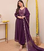 Purple chanderi silk sequin kurta pant set with embroidered chanderi dupatta