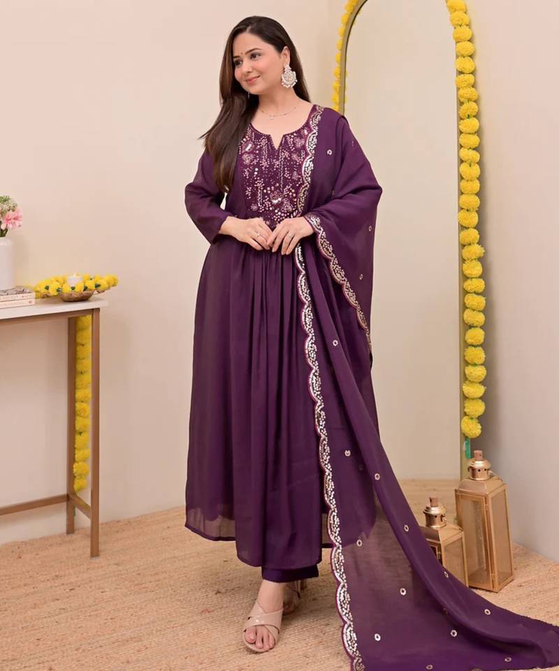 Purple chanderi silk sequin kurta pant set with embroidered chanderi dupatta
