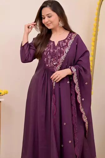 Purple chanderi silk sequin kurta pant set with embroidered chanderi dupatta