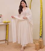 White chanderi silk sequin round neck kurta set with embroidered chanderi dupatta