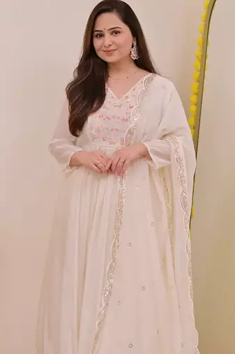 White chanderi silk sequin round neck kurta set with embroidered chanderi dupatta