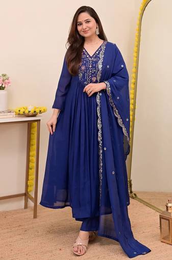 Navy blue chanderi silk sequin kurta pant set with embroidered chanderi dupatta