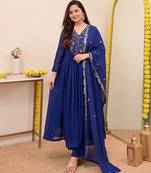 Navy blue chanderi silk sequin kurta pant set with embroidered chanderi dupatta
