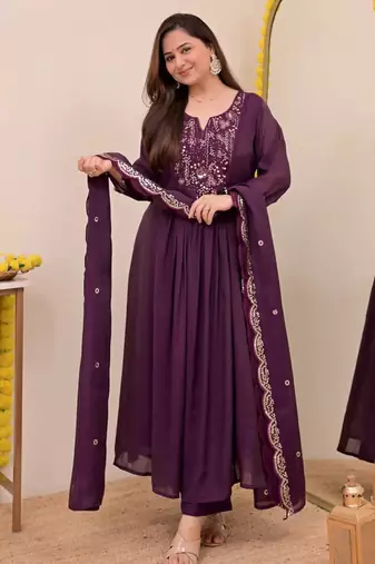 Purple chanderi silk sequin kurta pant set with embroidered chanderi dupatta