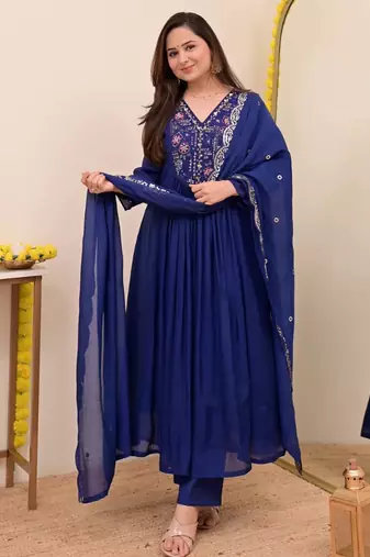 Navy blue chanderi silk sequin kurta pant set with embroidered chanderi dupatta