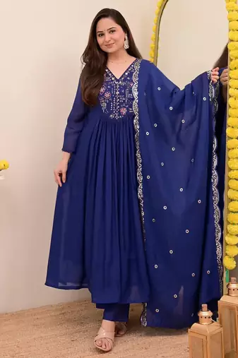 Navy blue chanderi silk sequin kurta pant set with embroidered chanderi dupatta