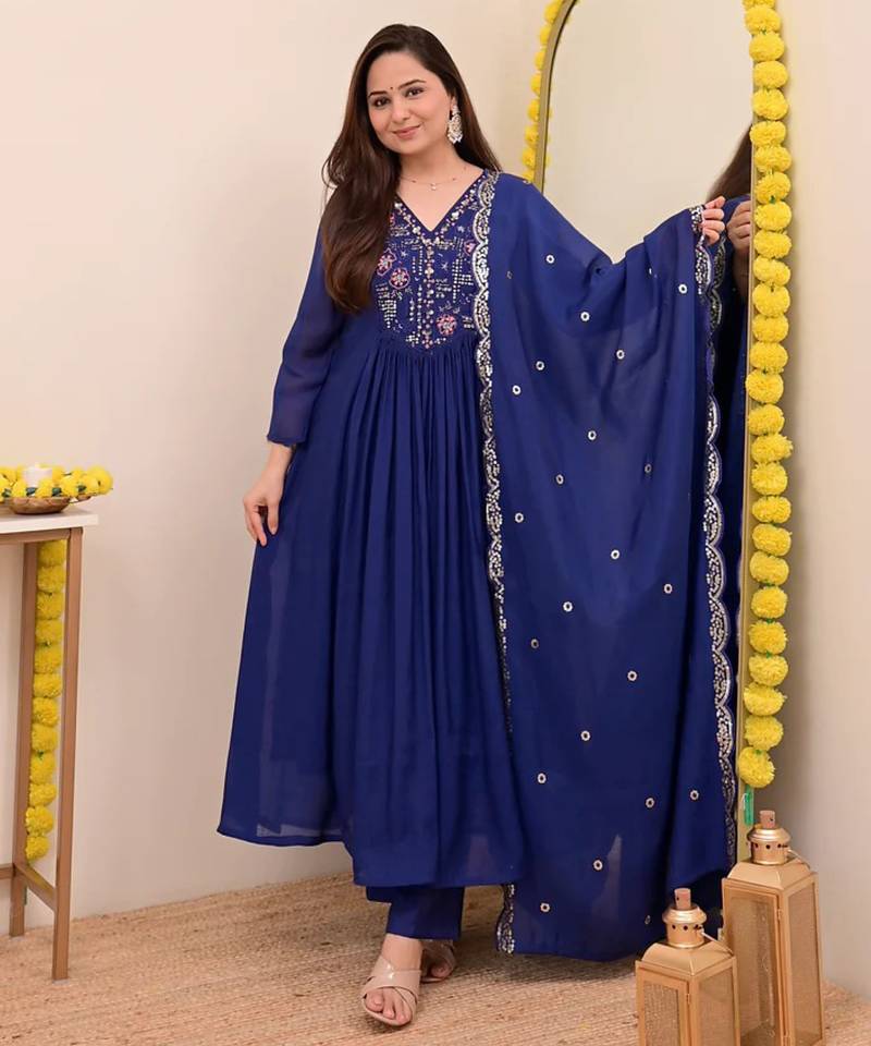 Navy blue chanderi silk sequin kurta pant set with embroidered chanderi dupatta