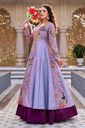Lavender Color Embroidery Sequence Work with thred work Satin Silk Lahenga Choli Set