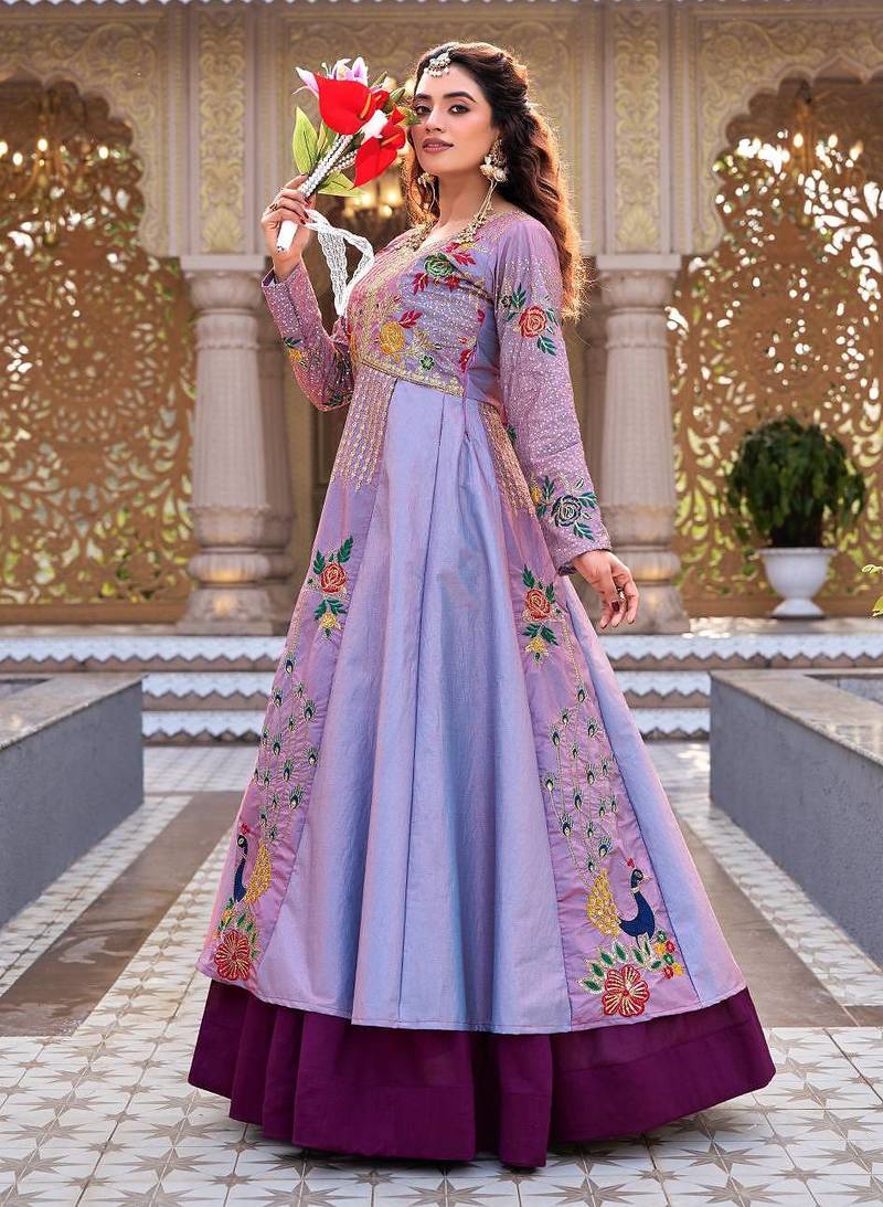 Lavender Color Embroidery Sequence Work with thred work Satin Silk Lahenga Choli Set