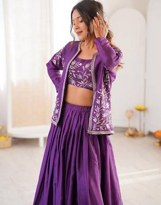 Purple Color Thread & Sequin Embroidery Work Chinon Silk Lehenga Choli Set 2