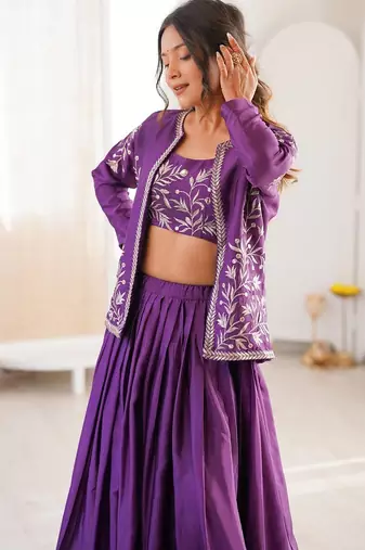 Purple Color Thread & Sequin Embroidery Work Chinon Silk Lehenga Choli Set